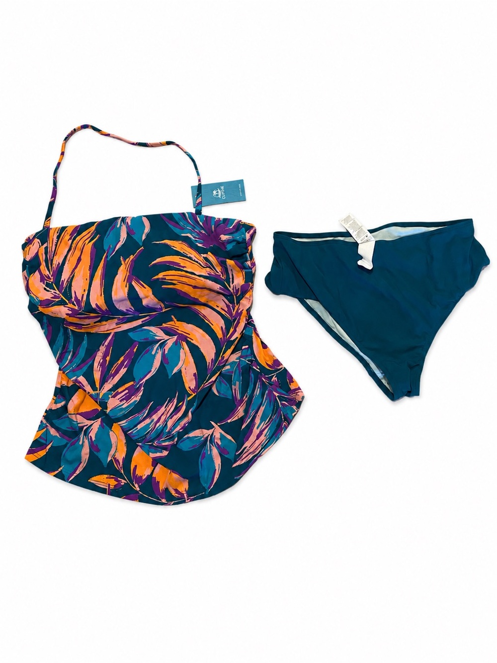 New Cupshe Teal Floral Tankini with Orange & Pink Leaf Print